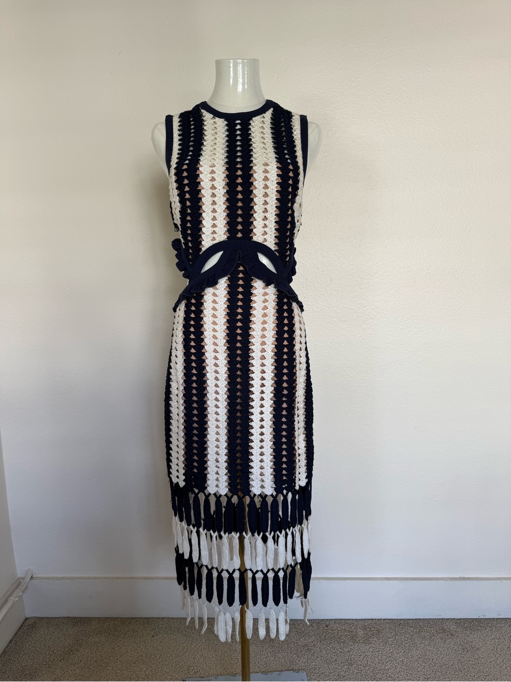 Self-Portrait Navy and White Crochet Midi Dress with Fringe
